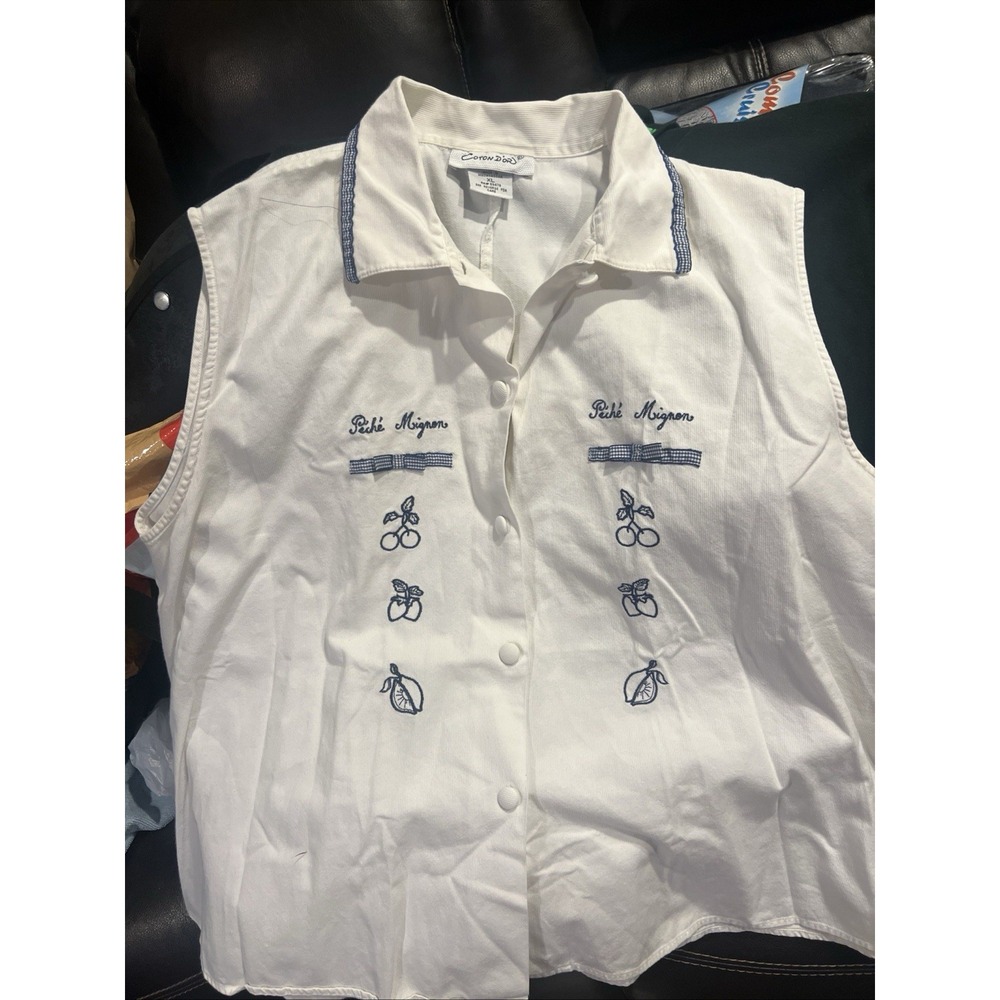 Vintage Coron D'Or Péché Mignon Embroidered Cotton Vest XL Madagascar French Y2K